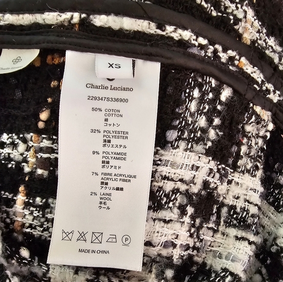 Charlie Luciano Tweed Over Shirt Black And White Plaid Button-Up With Front Sz M - Picture 7 of 10